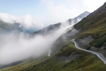 dramatic mountain landscape, with misty clouds and blue sky above, viewed from a winding road, created with generative ai