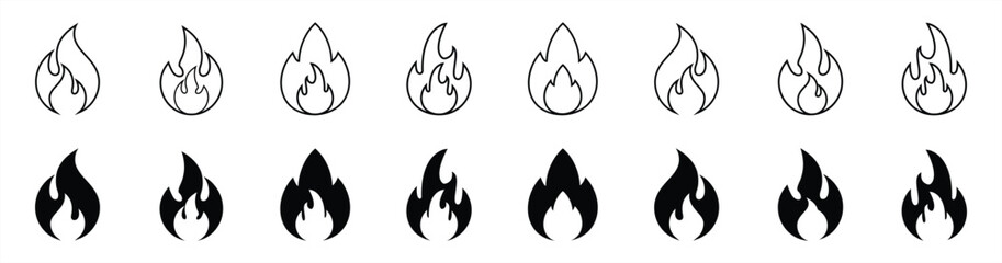 Fire icons set, flames, flame of various shapes, bonfire. Fire icon collection. Fire icon flat and line icon. Vector illustration.