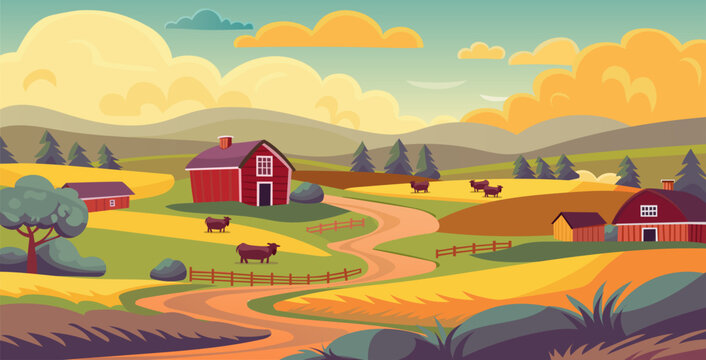 Rural landscape illustration for background. Farmhouse and barns, cows grazing through the fields.