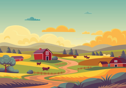 Rural landscape illustration for background. Farmhouse and barns, cows grazing through the fields.