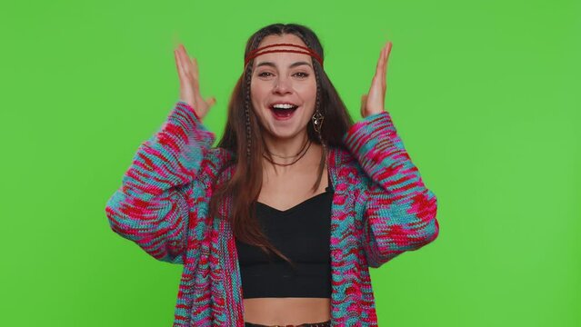 Excited amazed woman touching head, showing explosion, looking worried and shocked, celebrating success idea, brainstorm. Looking surprised of win wow hippie girl isolated on chroma key background