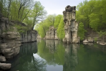 natural rock formations towering over a tranquil pond, created with generative ai