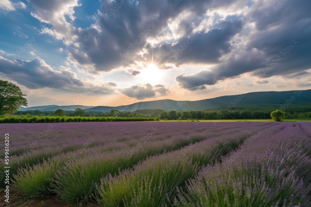 Canvas Prints lavender field blooming in the sunlight, with dramatic sky in the background, created with generative ai