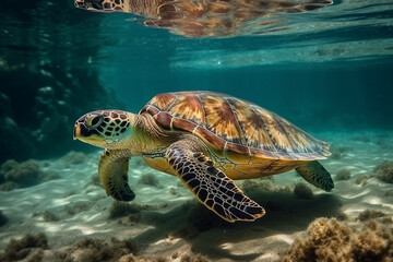 Obraz premium Sea turtle in crystal clear water. Generative AI