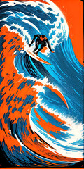 Lino cut drawing of a surfer riding big ocean waves digital art illustration 