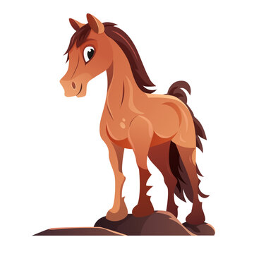 Cartoon brown horse stands on a white background. Cute pony illustration.