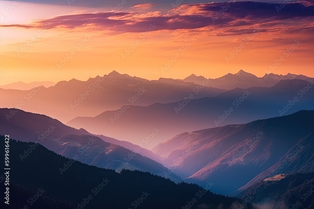 Wall mural majestic mountain range, with distant peaks and clouds, in stunning sunrise or sunset, created with 