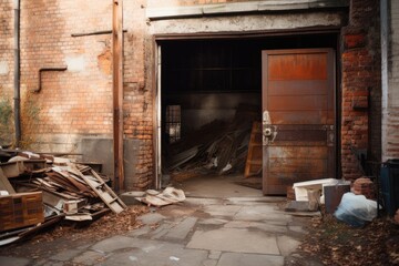 rusted and broken old garage with piles of debris, brick walls and metal doors, created with generative ai