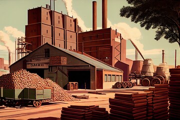 pulp and paper factory, with bins of freshly cut wood in the foreground, created with generative ai