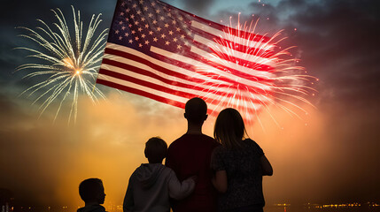 Family with American flag and fireworks in sky. Holiday celebration. AI Generative
