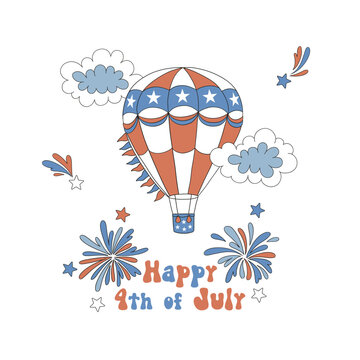 American national flag colores hot balloon fly in the sky with fireworks vector illustration. Patriotic USA Independence Day pre-made card print design.