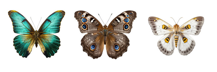 Kollektion von drei detailreichen, schönen, bunten Schmetterlingen auf transparentem Hintergrund, Generative AI