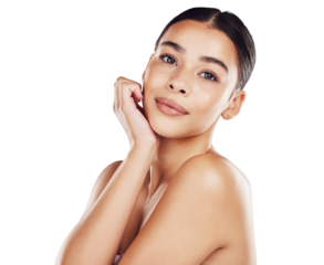 Portrait, facial and PNG with a model woman isolated on a transparent background for skincare or cosmetics. Face, beauty and antiaging treatment with a happy young female person posing for wellness