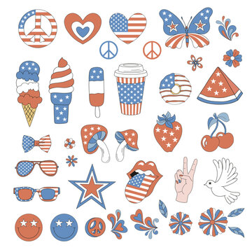 Hippy groovy 4th of July vector clip-art set isolated on white. American ice cream, butterfly, peace sign, peace hand gesture, coffee, donut, florals, glasses, heart, lips, fruits illustration