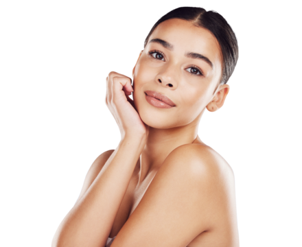 Portrait, facial and PNG with a model woman isolated on a transparent background for skincare or cosmetics. Face, beauty and antiaging treatment with a happy young female person posing for wellness