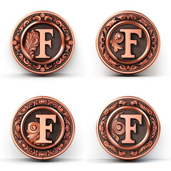 3d realistic Letter F of copper with ancient ornament