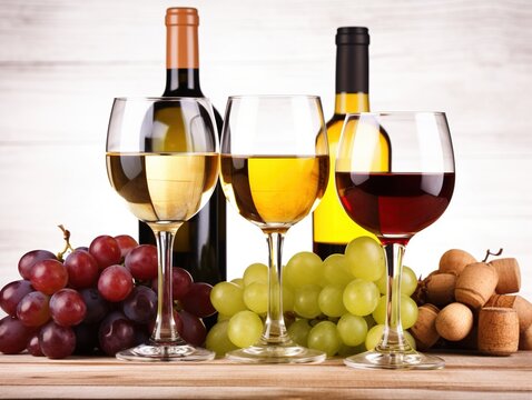 Ripe grapes, wine glasses and bottles of wine isolated on white. Generative AI