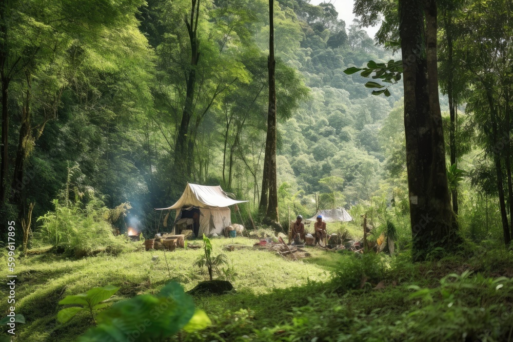 Poster nomadic tribe setting up camp in lush green forest, created with generative ai