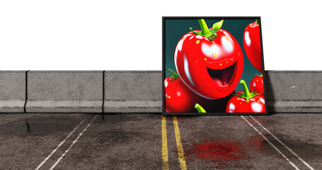 Werbefl&auml;che mit Tomate. Nasse Strasse mit Absperrelementen aus Beton. Baustelle. Street Art. 