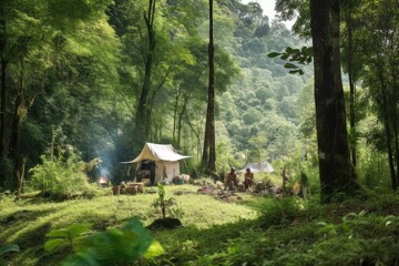 nomadic tribe setting up camp in lush green forest, created with generative ai