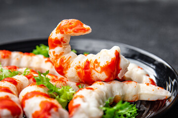 crab stick seafood shrimp shape fresh meal food snack on the table copy space food background rustic top view