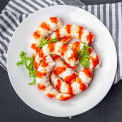 crab stick seafood shrimp shape fresh meal food snack on the table copy space food background rustic top view