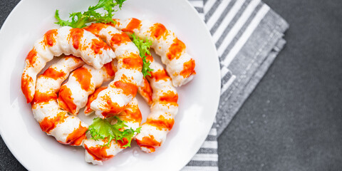 crab stick seafood shrimp shape fresh meal food snack on the table copy space food background rustic top view © Alesia Berlezova
