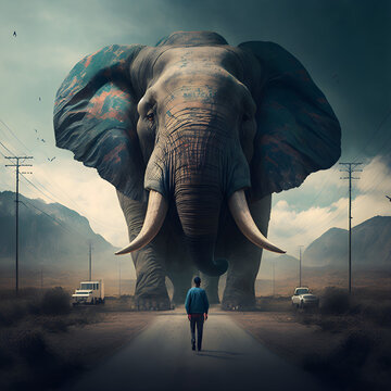 Riesiger Elefant vor einem Mann, Gr&ouml;&szlig;envergleich, fantasy, erstellt mit KI