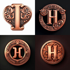 3d realistic Letter H of copper with ancient ornament