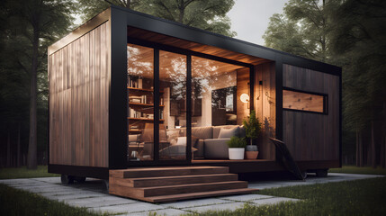 This striking stock photo showcases a beautifully designed tiny house, complete with a sleek modern exterior and a cozy, inviting interior.