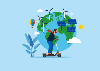 People using eco technology. Businessman on electric scooter, near solar panels and wind turbines. Flat vector illustration.