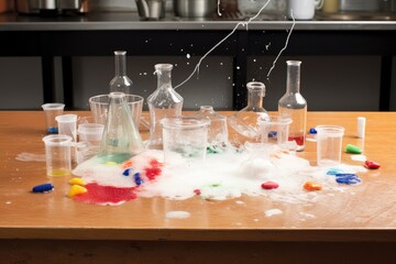 science experiment gone wrong, with beakers and test tubes strewn across the bench top, created with generative ai