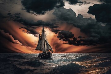 Fototapeta na wymiar sunset sailboat with silhouette against a backdrop of dark clouds and stormy sky, created with generative ai
