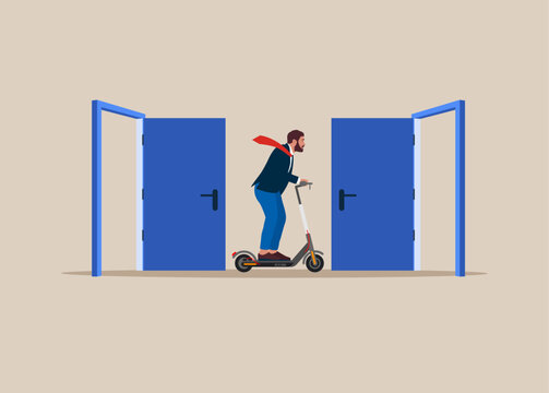 Employee on electric scooter  resign and walk through exit door. Leaving company, people management. Modern vector illustration in flat style