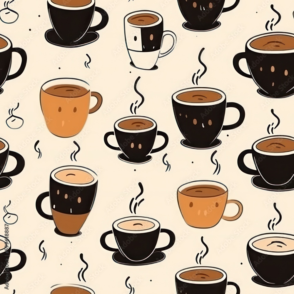 Poster minimalistic coffee cups in various styles for a sleek coffee shop vibe background seamless pattern