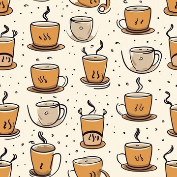 Contemporary brown coffee cups with a minimalistic design, coffee shop background seamless pattern