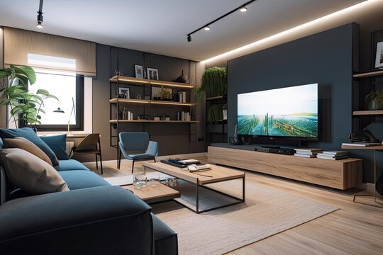 a modern living room with a video conference and a smart tv, where you can watch movies or games, created with generative ai