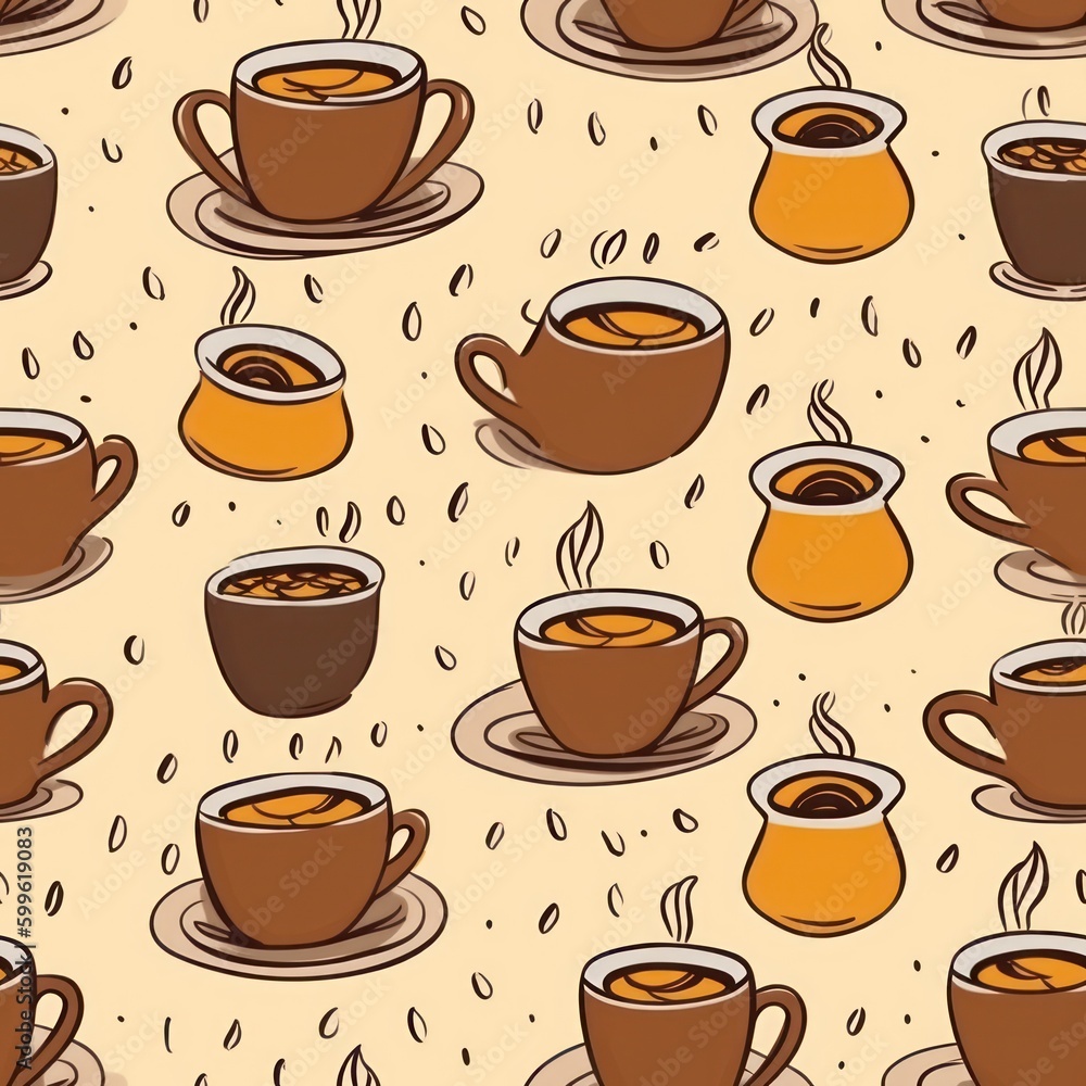 Poster coffee cups and mugs in various styles coffee shop craft paper background seamless pattern