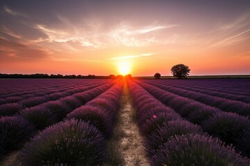 lavender field at sunset, with sun setting behind the horizon, created with generative ai
