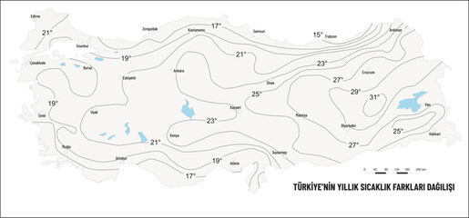 Turkey Annual Temperature Difference Distribution Map, Geography Lesson, Turkey Map, Map, Geography