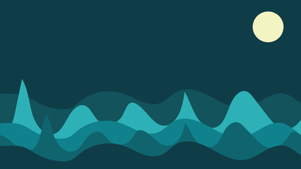 Abstract hillside with yellow moon in the night sky.