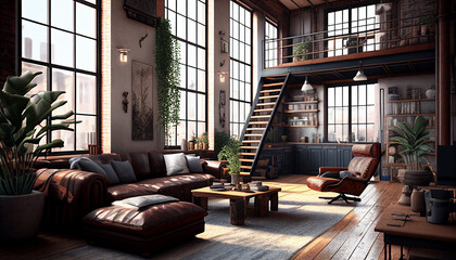 A living room with a large window and a couch with a couch and a coffee table, Generative AI 