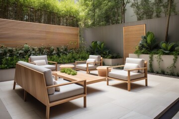 modern outdoor seating area features sleek lounge chairs and a coffee table, created with generative ai