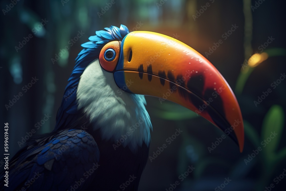 Poster a bird called a toucan that has a brightly colored beak generative ai