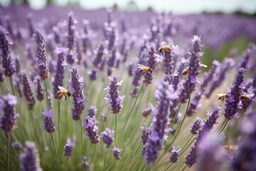Obraz premium lavender field blooming in full bloom, with bees buzzing and butterflies fluttering, created with generative ai