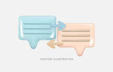 3D speech bubbles with arrows of exchange, sharing idea, exchange of opinion, business communication, team brainstorming concept, Vector illustration.