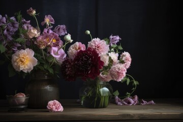 mauve and pink flowers in vase on dark wooden table, created with generative ai