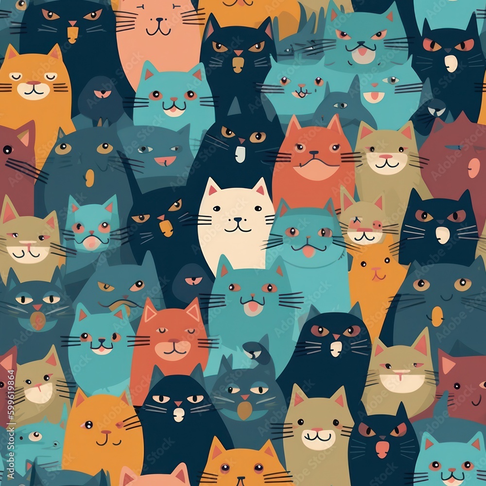 Poster curious funny cats crowd background seamless pattern