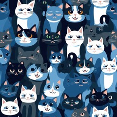 funny cats in blue colors background seamless pattern
