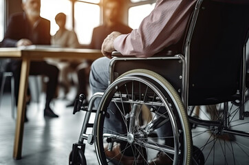 Disabled man sitting in a wheelchair is a full-fledged participant at a meeting in the office, created with Generative AI